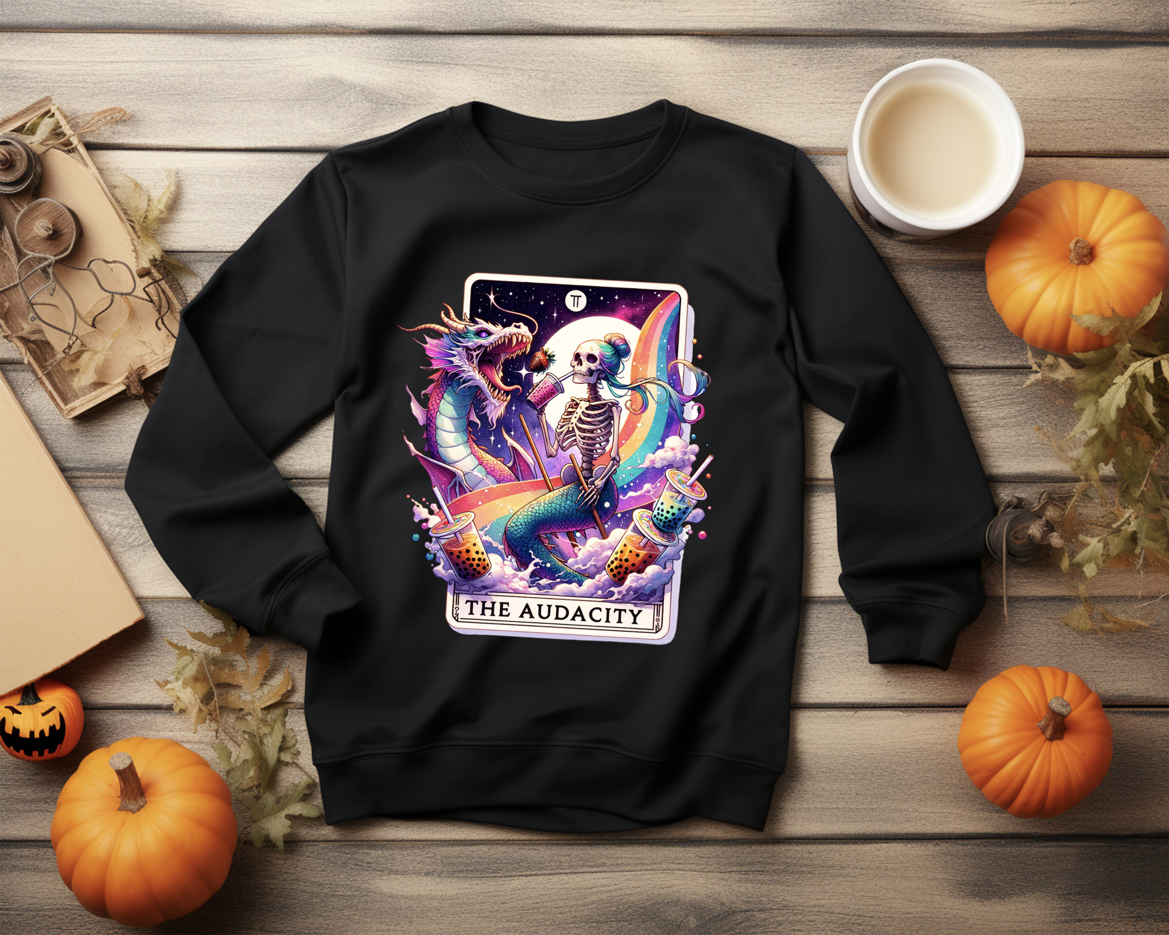 Tarot card women’s jumper: unicorn skeleton riding a dragon sipping bubble tea