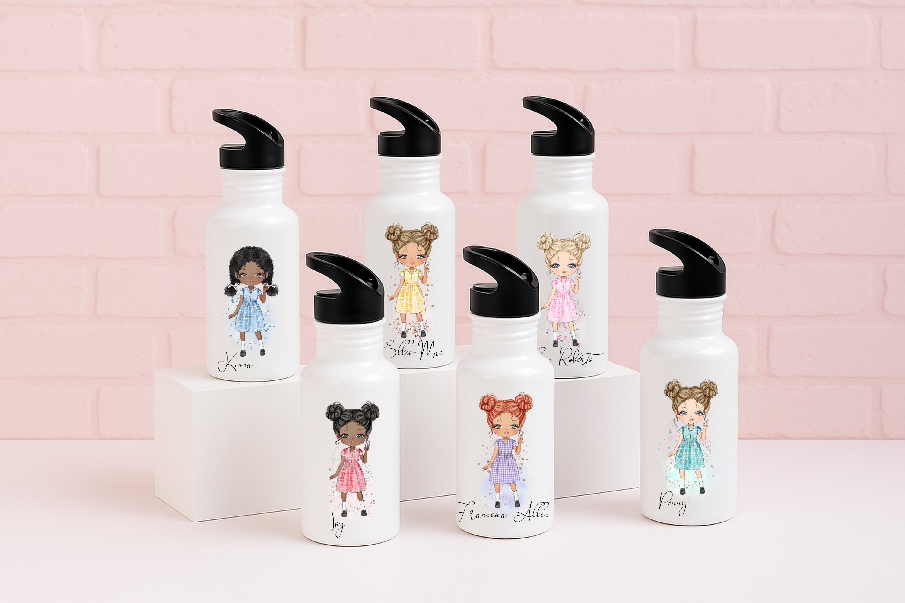 Personalised stainless steel water bottle with school girl image